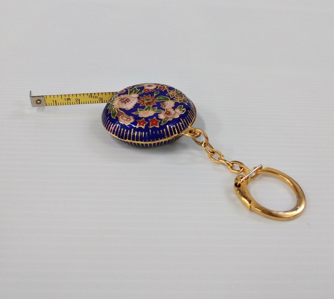 Vintage Chinese Cloisonne Mini Retractable Tape Measure & Key Chain