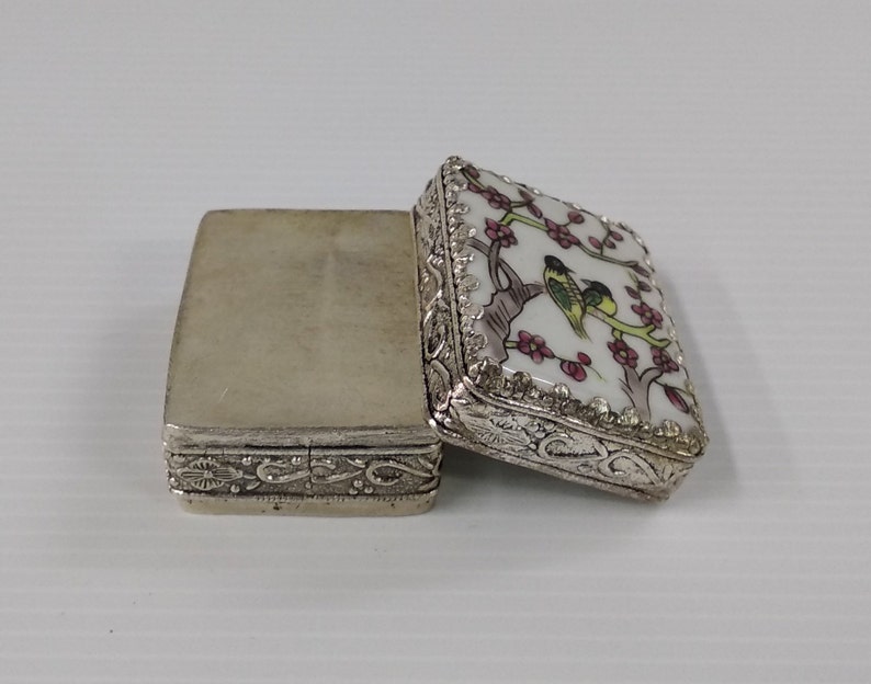 Vintage Chinese Silverplated Rectangle Mini Jewelry Box Handpainted