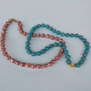 Vintage Orange Light Blue Chinese Porcelain Bead Necklace, Hand Painted Flower Gold Round Beads - Hand Knotted With Filigree Gold Tone Clasp