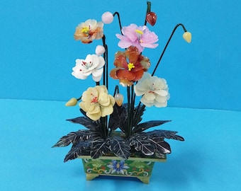 ヴィンテージハンドメイド鉢植え翡翠花風景、可動式五色桃花盆栽翡翠木