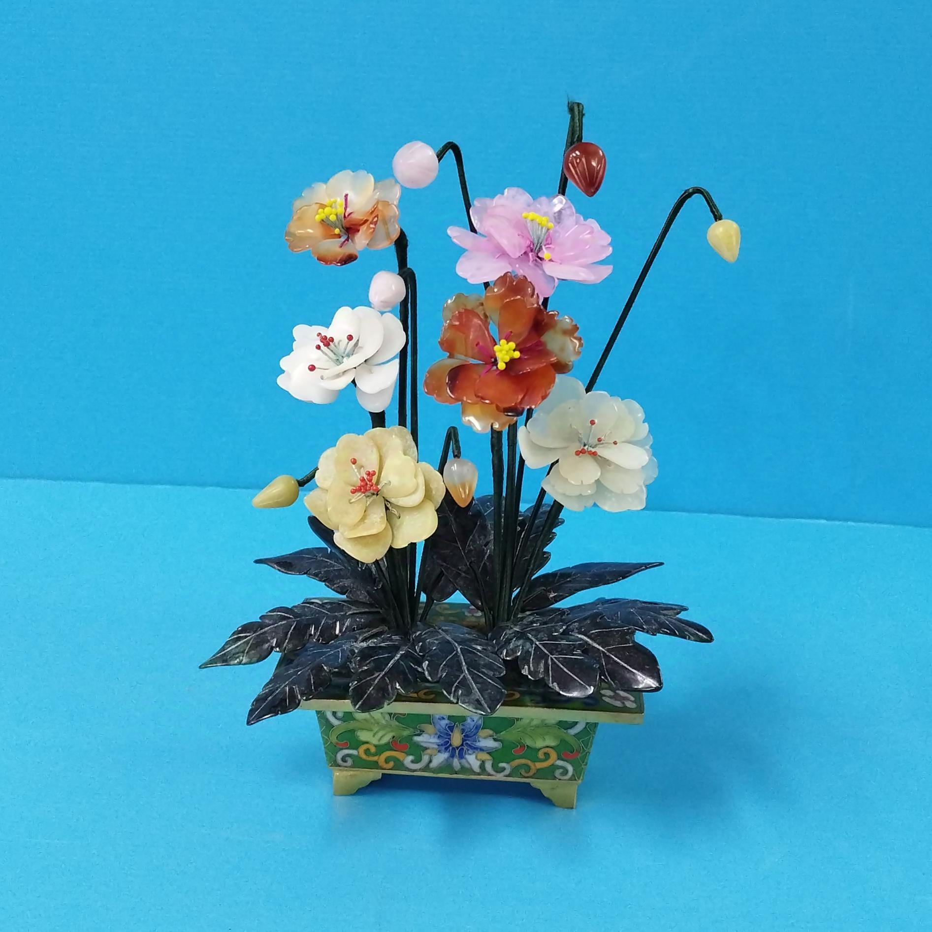 Vintage Movable Six Peach Blossom Bonsai Jade Tree,handmade Potted