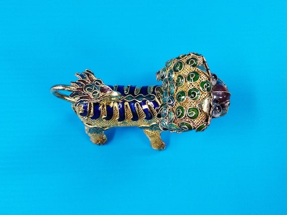 Vintage Chinese Cloisonne Filigree Lion Figurine, Handmade