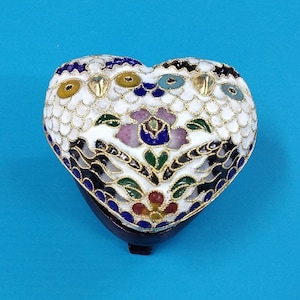 Vintage Chinese Cloisonne Double Owl Heart Box,Gold Plated Copper Enamel White Blue Owl Trinket Box,Handmade Bird Owl Jewelry Ring Gift Box