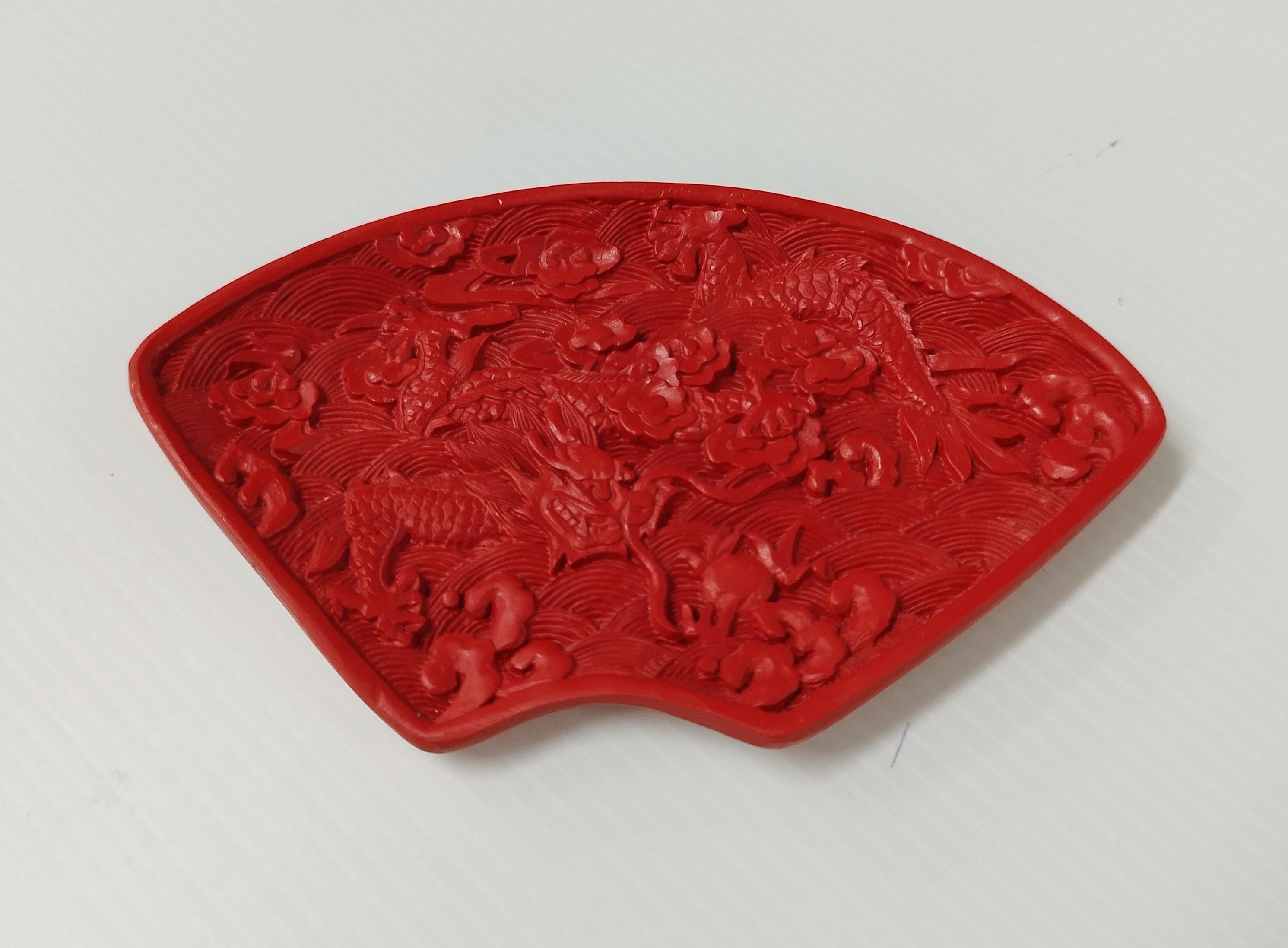 Vintage Hand Carved Red Lacquer Dragon and Phoenix Fan-shaped