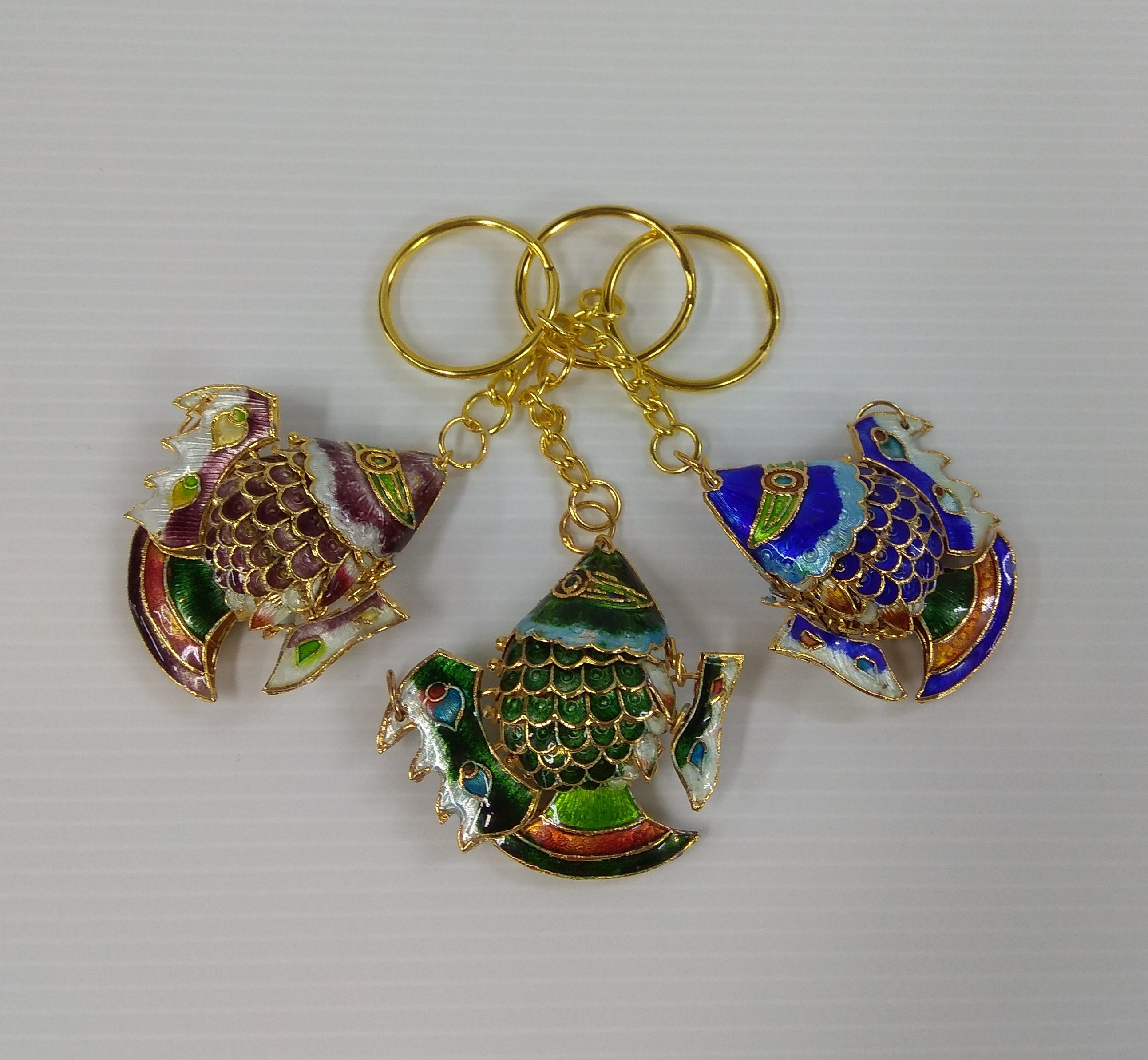 ヴィンテージ中国七宝焼きハンドメイド関節式魚キーチェーンペンダント