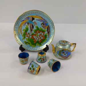Vintage Chinese Cloisonne Miniature Tea Set Hand-painted Enamel Color Light Blue With Flowers, Birds & Cranes Design Ornamental Teapot Cups