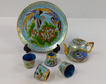 Vintage Chinese Cloisonne Miniature Tea Set Hand-painted Enamel Color Light Blue With Flowers, Birds & Cranes Design Ornamental Teapot Cups