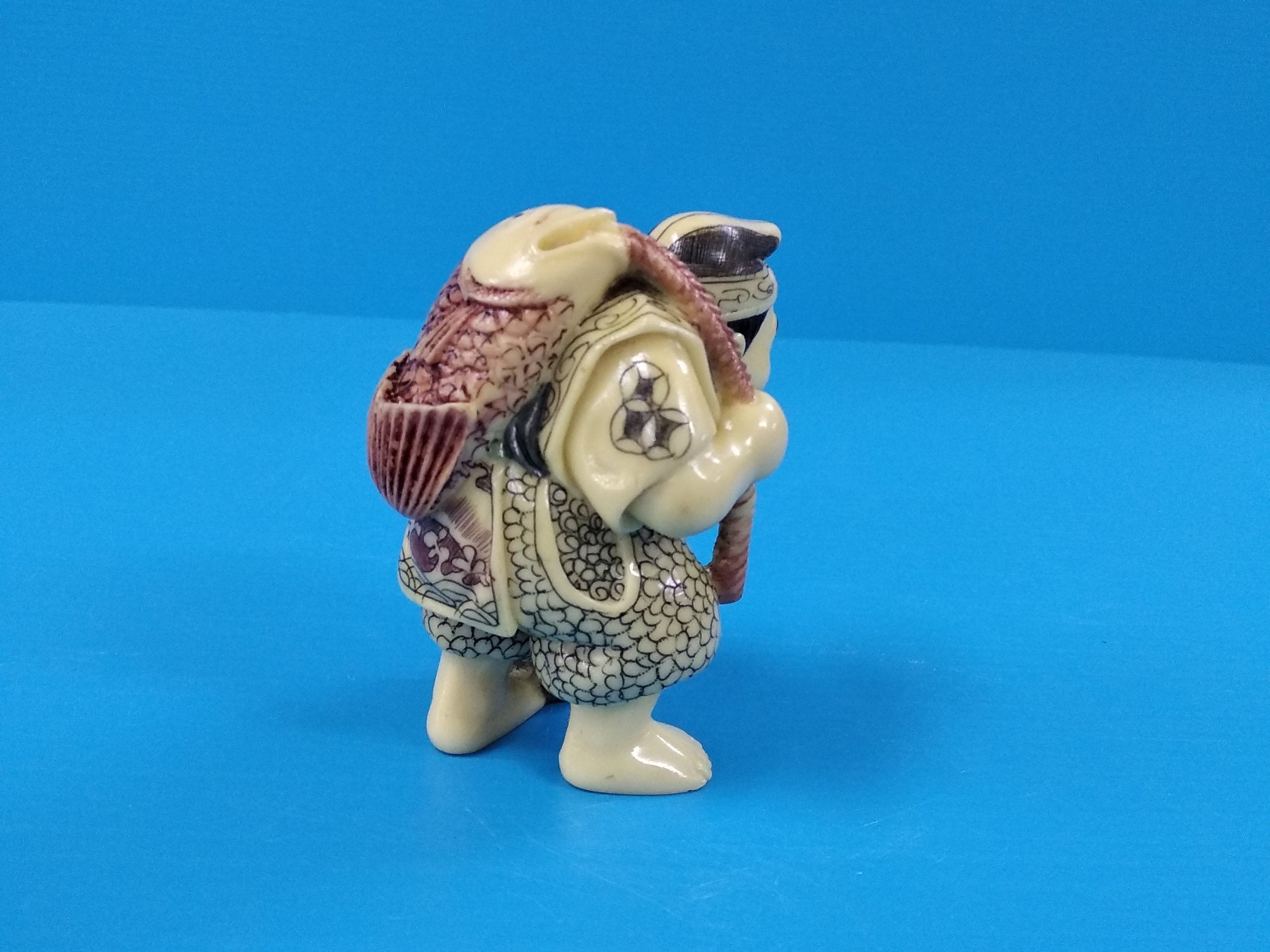 Vintage Hand Carved Japanese Fisherman Statue Figurine Etsy