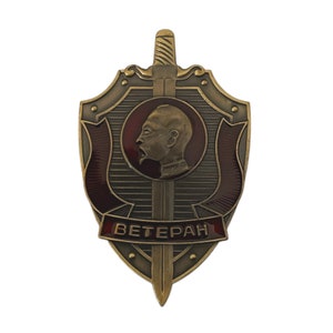 Pode incluir: Um broche em forma de escudo de cor bronze com um design vermelho e dourado. O escudo apresenta um perfil de um homem com uma espada no centro. A palavra "ВЕТЕРАН" est&aacute; escrita em letras vermelhas na parte inferior do escudo.