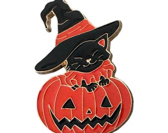 Black Cat Enamel Pin: Halloween Witch Hat on Pumpkin