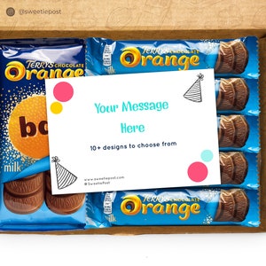 A SweetiePost Gift Box filled with Terry's chocolate orange, including the medium and individual bars. The A5 Terry's chocolate orange hamper by SweetiePost, with free personalised message.