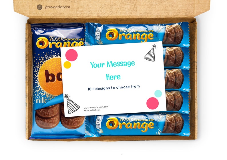 A SweetiePost Gift Box filled with Terry's chocolate orange, including the medium and individual bars. The A5 Terry's chocolate orange hamper by SweetiePost, with free personalised message.