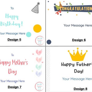 May include: Four different card designs with text and illustrations. The first card is for a birthday with a party hat and the text "To Happy Birthday!" The second card is for congratulations with a party hat and the text "CONGRATULATIONS!" The third card is for Mother's Day with hearts and the text "To Happy Mother's Day!" The fourth card is for Father's Day with a crown and the text "Happy Father's Day!"