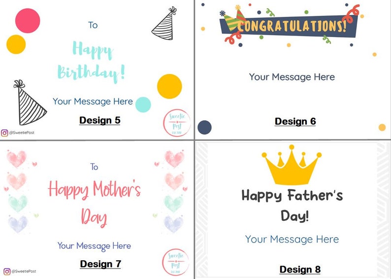 May include: Four different card designs with text and illustrations. The first card is for a birthday with a party hat and the text "To Happy Birthday!" The second card is for congratulations with a party hat and the text "CONGRATULATIONS!" The third card is for Mother's Day with hearts and the text "To Happy Mother's Day!" The fourth card is for Father's Day with a crown and the text "Happy Father's Day!"