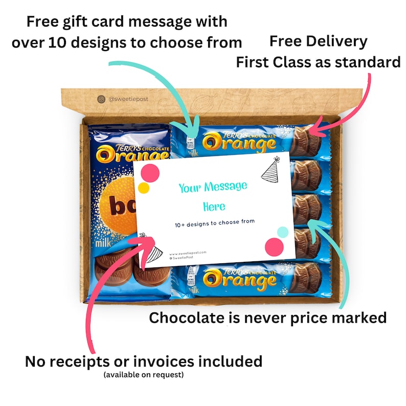 A SweetiePost Gift Box filled with Terry's chocolate orange, including the medium and individual bars. The A5 Terry's chocolate orange hamper by SweetiePost, with personalised message and free delivery.