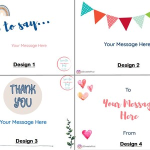 May include: Four different designs for printable gift tags. Each design features a different graphic, including rainbows, bunting, hearts, and foliage. The text "Just to say...", "Thank You", "To", and "From" are included on each design. The text "Your Message Here" is included on each design to indicate where a personalized message can be added.