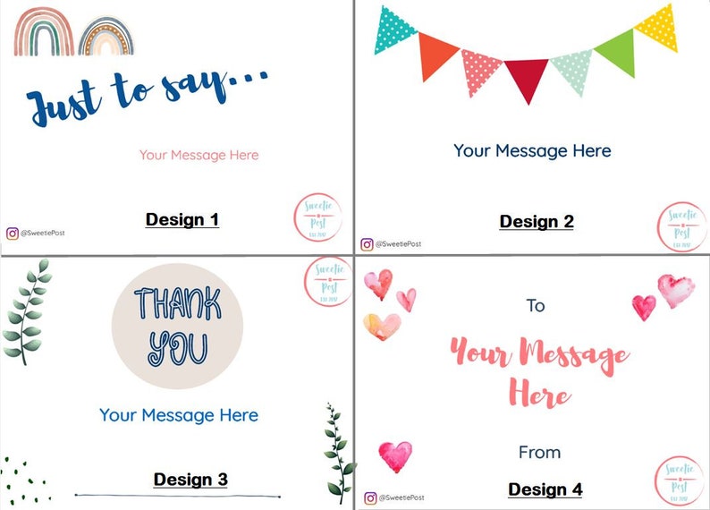 May include: Four different designs for printable gift tags. Each design features a different graphic, including rainbows, bunting, hearts, and foliage. The text "Just to say...", "Thank You", "To", and "From" are included on each design. The text "Your Message Here" is included on each design to indicate where a personalized message can be added.