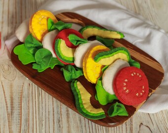 Caprese salad with avocado play food (felt food, pretend play kids kitchen, plush toy, cooking toys, doll fake food, farmers market baby)