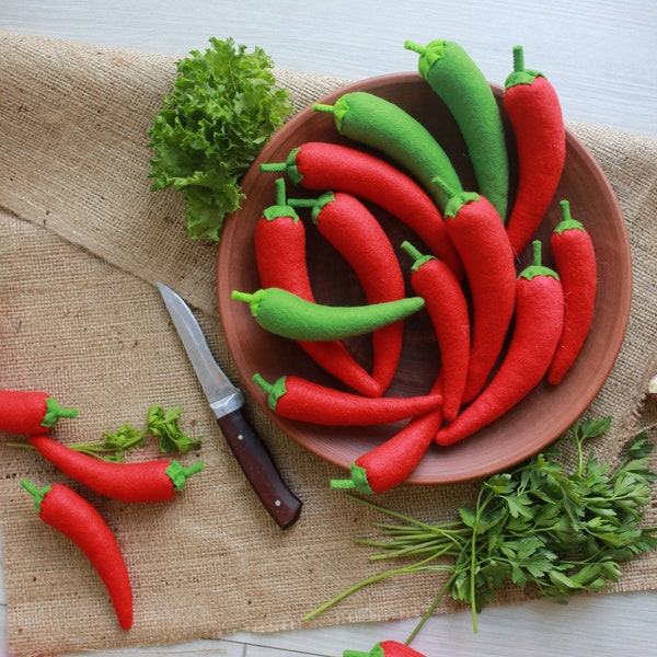 Pepper chili play food (felt food, vegetables, pretend play kids kitchen, plush toy, cooking toys, doll fake food, farmers market for baby)