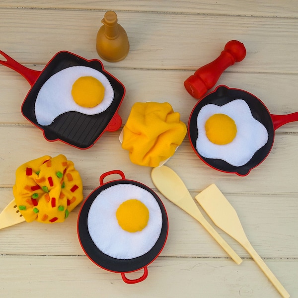 Oeufs brouillés, nourriture pour omelette (nourriture en feutre, cuisine pour enfants, jouet en peluche, jouets de cuisine, fausse nourriture pour poupée, marché fermier pour bébé)