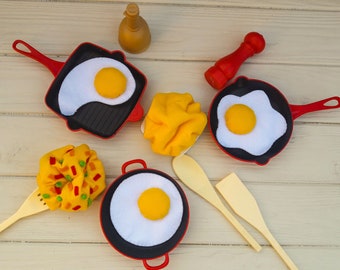 Roerei, omeletspeelgoed (vilten eten, fantasiespel kinderkeuken, knuffel, kookspeelgoed, neppoppenvoer, boerenmarkt voor baby)