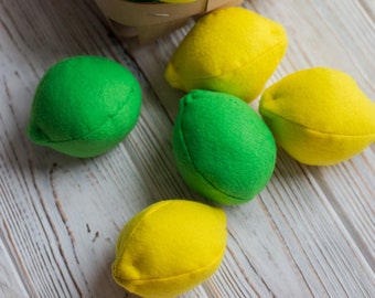 Lemon, lime felt food, citrus (felt food, fruits, pretend play kids kitchen, plush toy, cooking toys, doll fake food, farmers market baby)