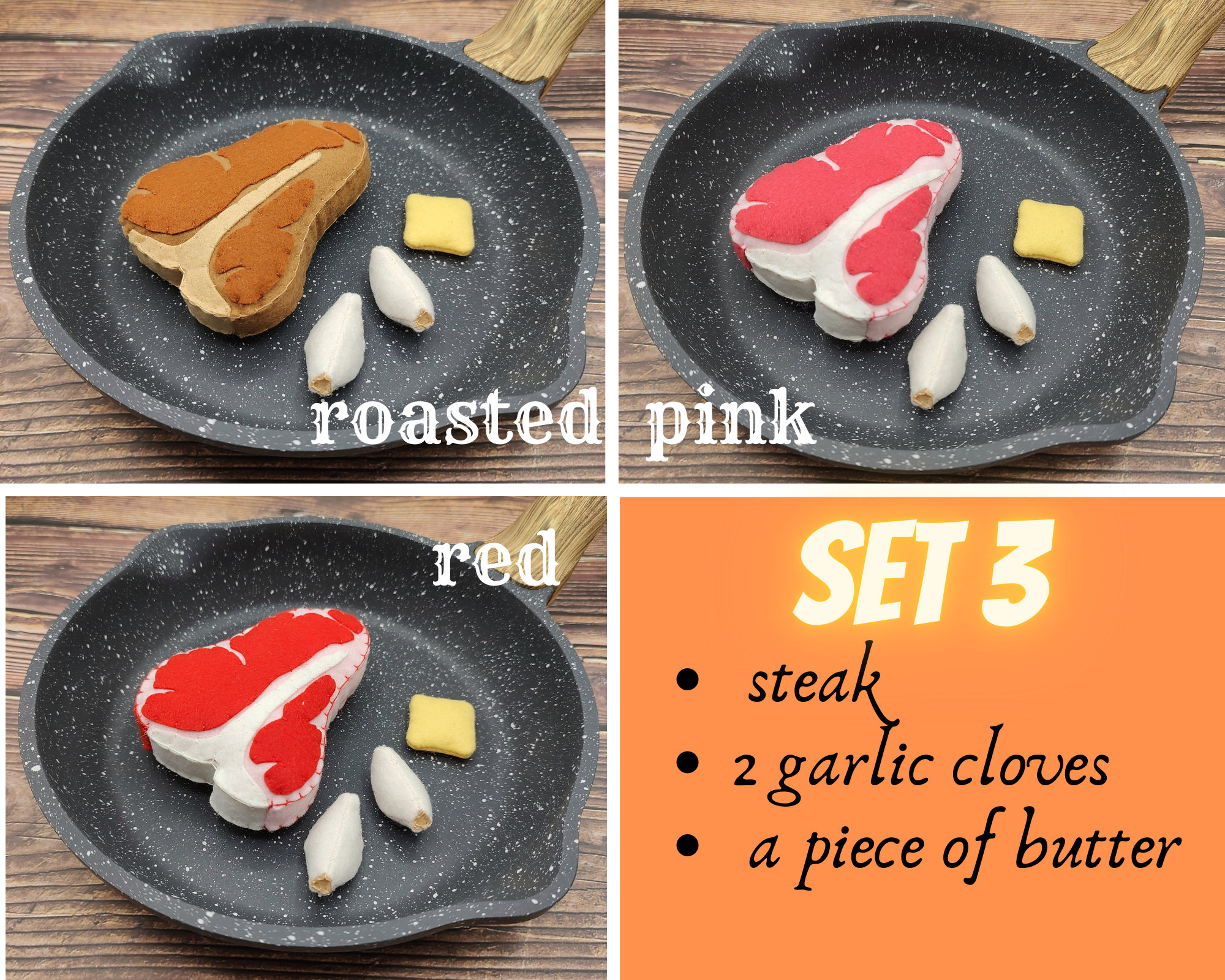Meat Steak T-bone, Roast Steak Play Food / Felt Food, Pretend Play