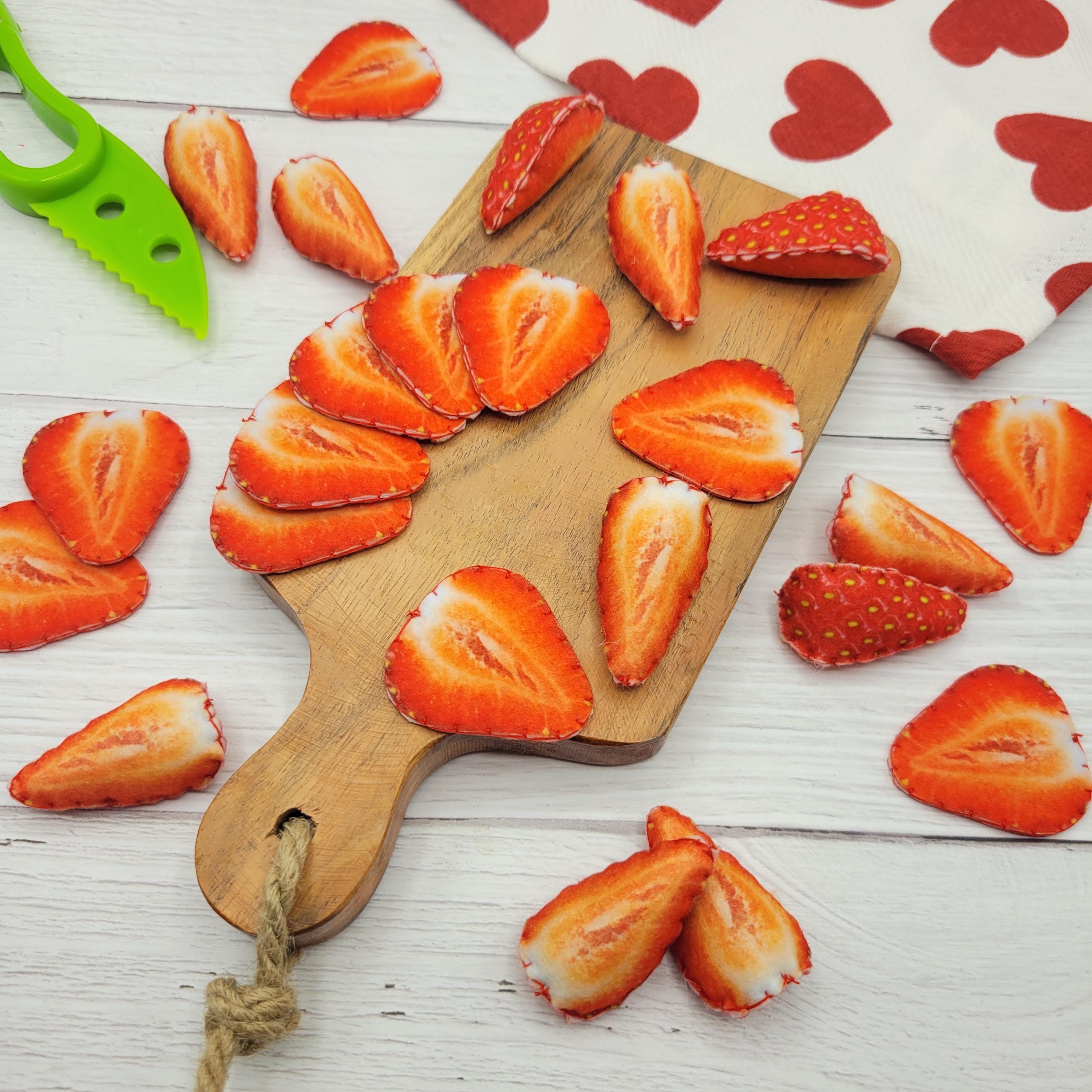 strawberry, realistic slice for salad (play felt food, pretend kids kitchen accessories or cafe, plush cooking toy, fake artificial fruit)