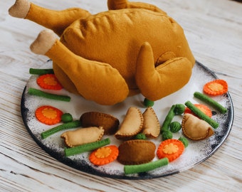 Chicken / turkey on magnets play food (felt food, pretend play kids kitchen, plush toy, cooking toys, doll fake food, farmers market)