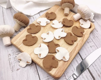 felt slice of champignons mushrooms, play pretend food kids kitchen accessories or cafe, plush button mushroom
