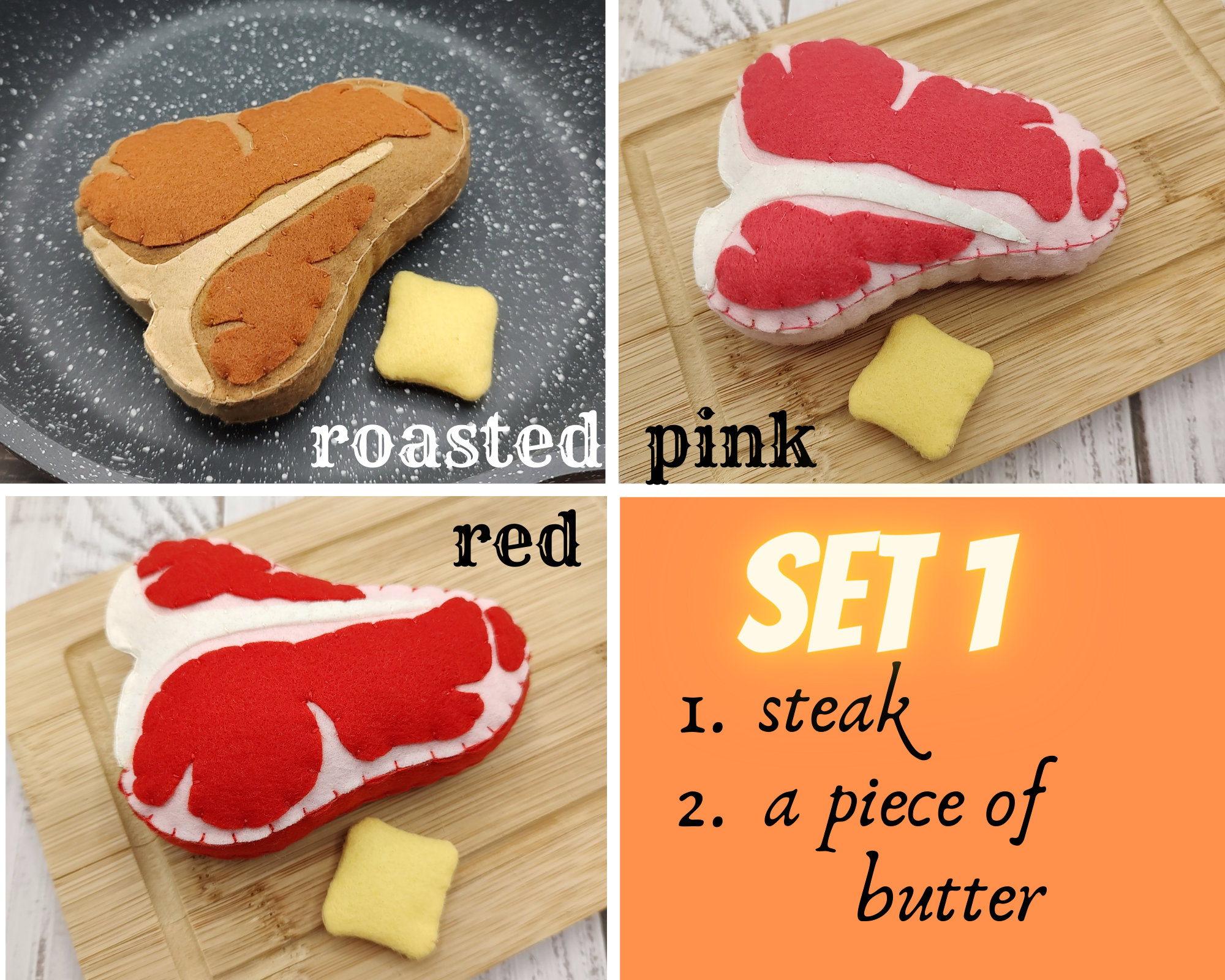 Meat Steak T-bone, Roast Steak Play Food / Felt Food, Pretend Play