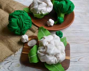 Comida de juguete de brócoli y coliflor (comida de fieltro, cocina infantil de juego de simulación, juguete de peluche, juguetes de cocina, comida falsa para muñecas, mercado de agricultores para bebés)