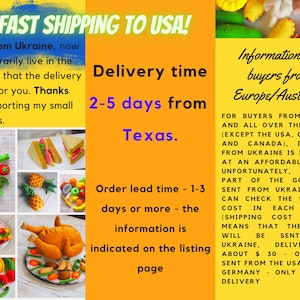 Puede incluir: Un collage de im&aacute;genes que muestran alimentos de fieltro, incluyendo una pi&ntilde;a, un pavo, un s&aacute;ndwich y un plato de fruta. El texto "Fast Shipping to USA!" est&aacute; en la parte superior de la imagen. El texto "Delivery time 2-5 days from Texas." est&aacute; en el centro de la imagen. El texto "Information for buyers from Europe/Australia" est&aacute; en el lado derecho de la imagen. El texto "Order lead time - 1-3 days or more - the information is indicated on the listing page" est&aacute; debajo del texto del tiempo de entrega.