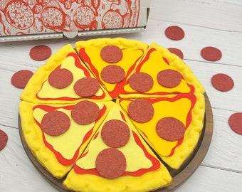 6 slices pepperoni pizza 10" in box, felt pretend play food, kids kitchen plush toy, fake artificial fast food dinner, cheese pizza set