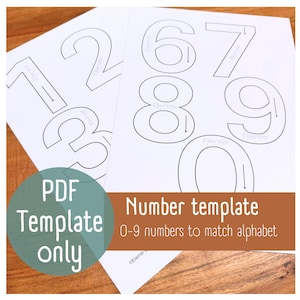May include: Printable PDF template for tracing numbers 0-9. The numbers are large and have arrows showing the direction to trace. The text "Number template 0-9 numbers to match alphabet" is at the bottom of the page.