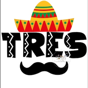 May include: Black and white illustration of the word "TRES" with a black mustache underneath and a yellow, red, and green sombrero on top.