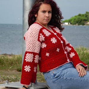 Granny squares cardigan Crochet cherry red sweater Long sleeve top 70&#39;s fashion nostalgia throwback Ready to ship