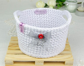 Panier de rangement artisanal au crochet avec poignées | Petit panier décoratif en tricot pour chambre de bébé