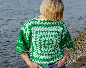 Charming crochet sweather with half sleeves and fringes Two-toned green short pullover Ready to ship