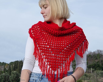 Crochet bandana cowl Boho fringe cowl Triangle shawl with turtleneck - Ready to ship