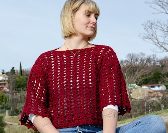 Charming crochet sweather with half sleeves Red short pullover Ready to ship