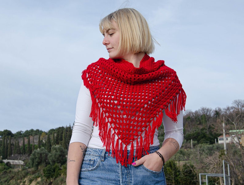 Crochet bandana cowl Boho fringe cowl Triangle shawl with turtleneck Ready to ship image 1