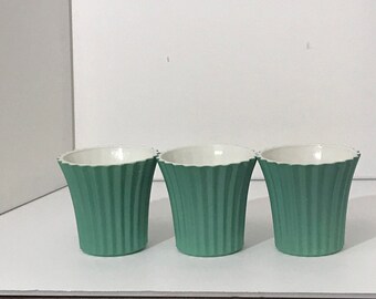 VTG MCM Anchor Hocking Vitrock Ribbed Teal-Turquoise 4&quot; Plant Pots