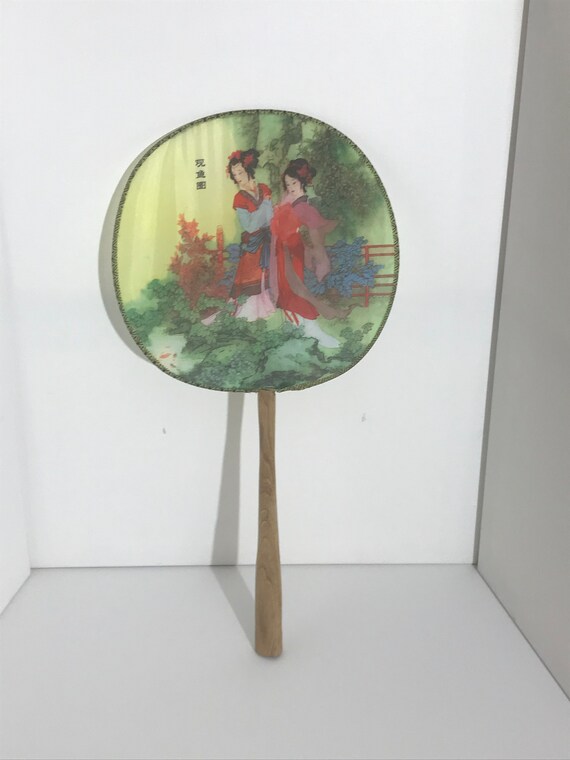 Vintage Oriental Fan, Translucent Silk Screened Im