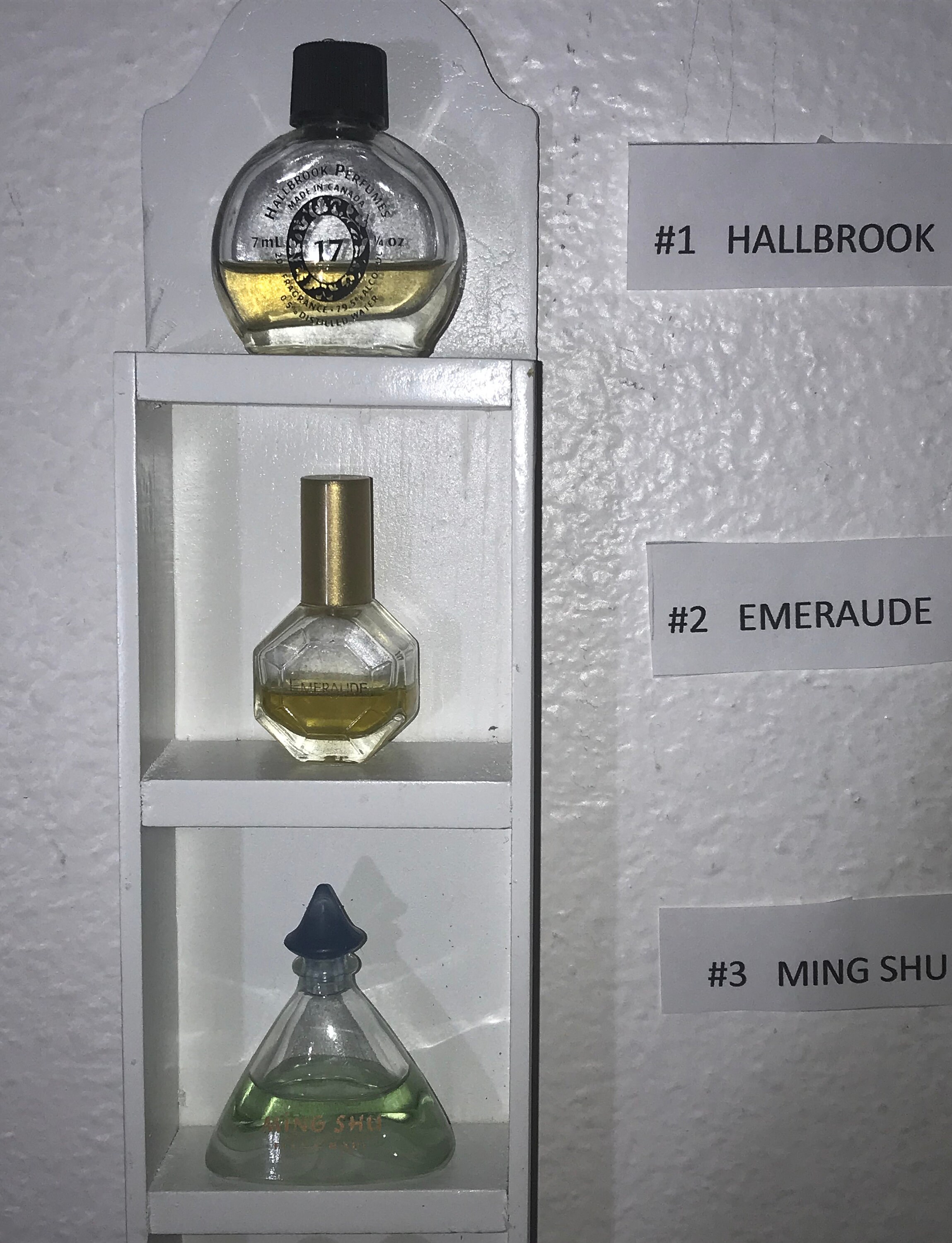 A Collection of 7 Vintage Designer Fragrances, Perfume Bottles are displayed in a custom shelf.