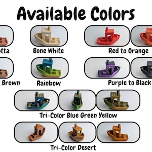 May include: Image showcasing a variety of small boat models in different colors. The text "Available Colors" is at the top. Colors include Terracotta, Bone White, Red to Orange, Gradient Brown, Rainbow, Purple to Black, Tri-Color Blue Green Yellow, and Tri-Color Desert.