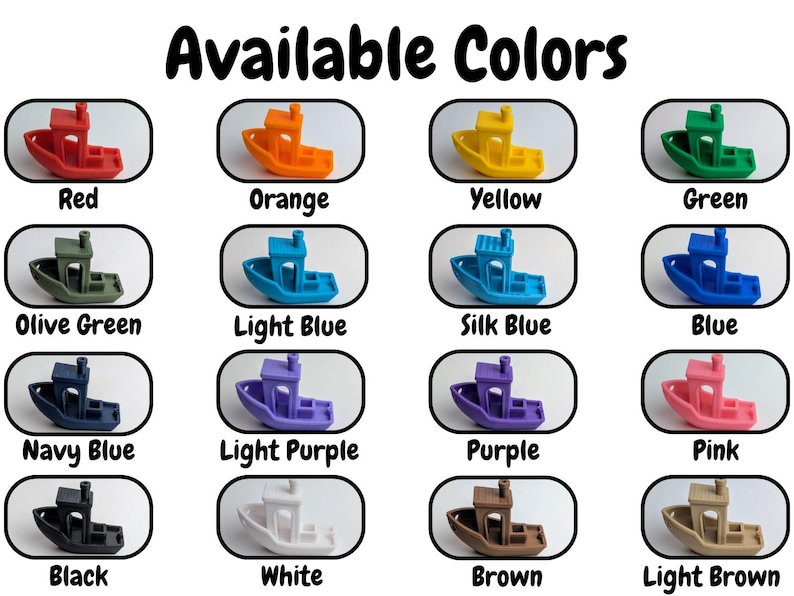 May include: Image showcasing a variety of small boat models in various colors, including red, orange, yellow, green, olive green, light blue, silk blue, blue, navy blue, light purple, purple, pink, black, white, brown, and light brown. The text "Available Colors" is at the top.