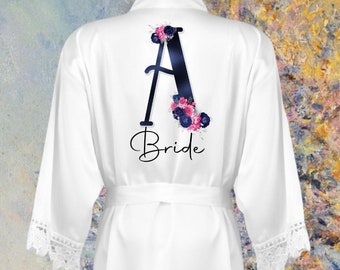 Personalised Bridal Robe, Initial Wedding Dressing Gown, Initial Floral Bridal Robe, Bridesmaid Satin Wedding Robes, Personalised Wedding