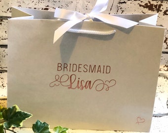 Personalised Bridesmaid Gift Bag. Personalised Wedding Gift Bag. Flower Girl. Bridal Party Gifts. Rose Gold Name Gift Bag
