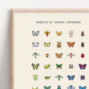 Impresión de insectos de Animal Crossing / Critterpedia de New Horizons / Arte minimalista de juegos / Póster inspirado en videojuegos / Gamer acogedor